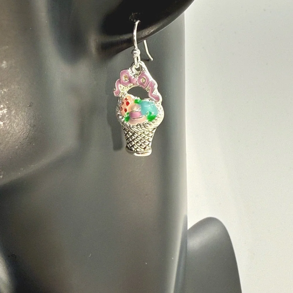 Easter Basket Drop Earrings Silver Tone Enamel‎ Pastel Eggs Bow Spring Jewelry